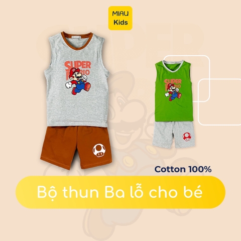 Bộ Bé Trai Mùa Hè Sát Nách In Hình Mario Nhiều Màu Đáng Yêu, Thun Cotton Co Giãn Thoáng Mát Cho Bé Đến 55Kg Mặc Mát