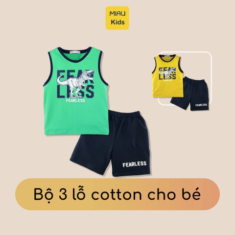 Bộ Ba Lỗ Cho Bé In Hình Khủng Long Fearless Cực Ngầu, Thun Cotton Mát Mịn Cho Bé Đến 55Kg Mặc Nhà Đi Học Đi Chơi