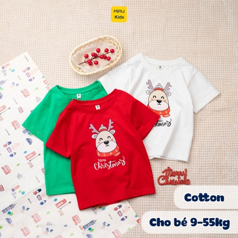 Áo Phông cho bé In Hình Chú Tuần Lộc Noel Đáng Yêu, Thun Cotton Dày Mịn Mát Cho Bé Đến 55Kg mặc chơi Noel - MiauKids