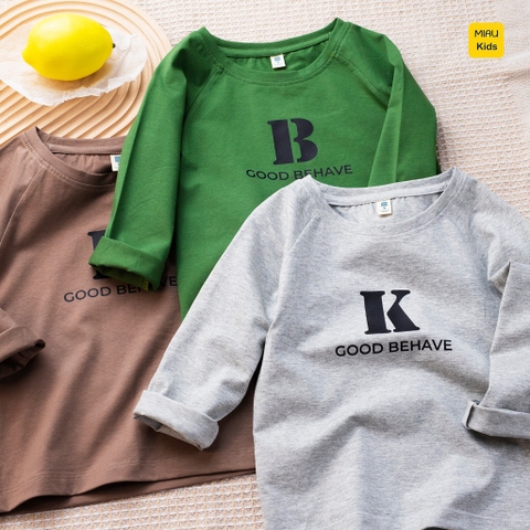 Áo thun tay dài cho bé hoạ tiết chữ BRK dễ thương, chất thun cotton mềm mại mịn mát cho bé mặc nhà đi học đi chơi