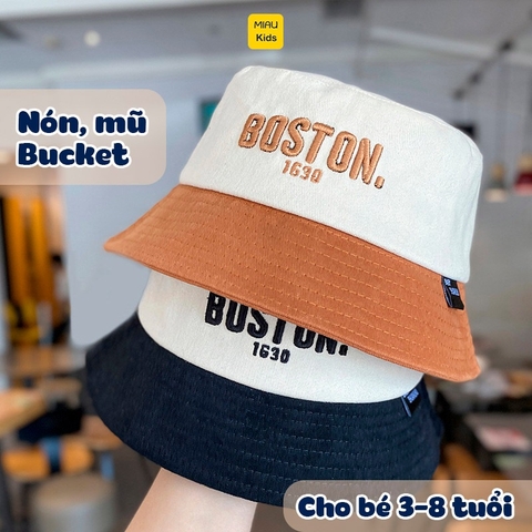 Mũ bucket rộng vành chống nắng thêu chữ BOSTON đáng yêu cá tính, chất vải mềm mại cho bé từ 3-8 tuổi đi chơi hè