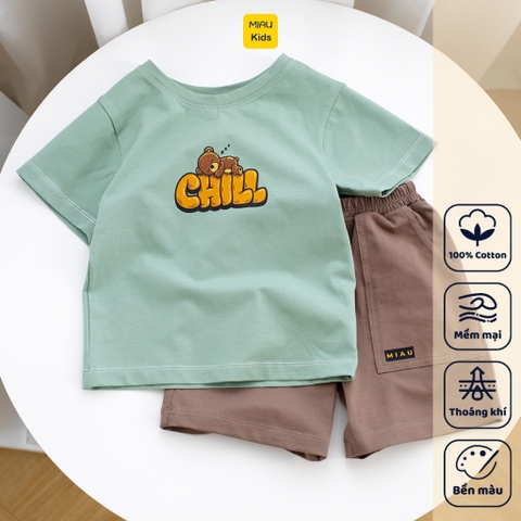 Đồ Bộ Bé Trai Cotton Họa Tiết Gấu Chill Cộc Tay Thoáng Mát MiauKids