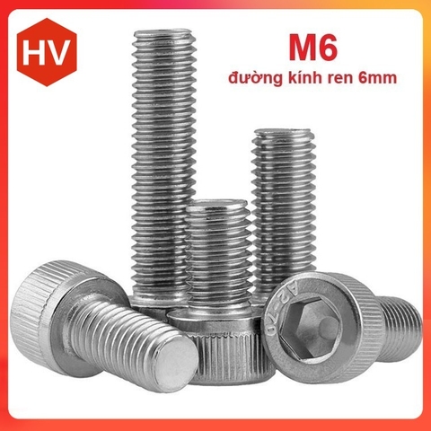 Ốc bulong lục giác đầu trụ inox 304 M6 đường kính ren 6mm dài 10mm, 15mm, 20mm, 25mm, 30mm, 40mm, 50mm, 60mm, 70mm, 80mm