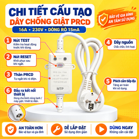Dây Chống Giật PRCD 16A – Chống Rò Điện Cho Máy Giặt, Bình Nóng Lạnh, Tủ Lạnh