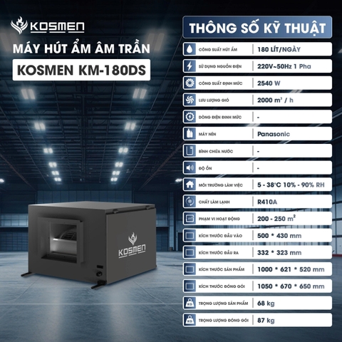 Máy hút ẩm treo trần Kosmen KM-180DS