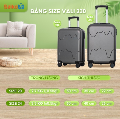 [Vali Hùng Phát] Vali kéo 230 nhựa Abs siêu nhẹ có khay để cốc, móc treo đồ tiện lợi bảo hành 5 năm