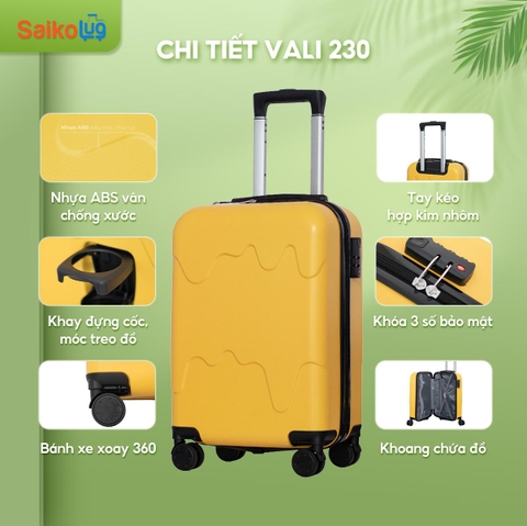 [Vali Hùng Phát] Vali kéo 230 nhựa Abs siêu nhẹ có khay để cốc, móc treo đồ tiện lợi bảo hành 5 năm