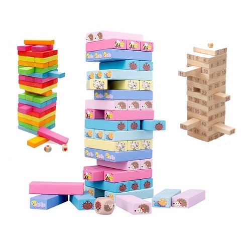 Bộ trò chơi rút gỗ 48-51 thanh nhiều màu sắc, in hình ngộ nghĩnh, Đồ chơi rút gỗ hình con vật, in hình số thanh gỗ mịn