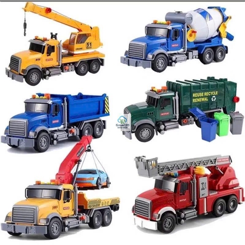 Đồ chơi ô tô, máy xây dựng mô hình, xe cứu hỏa, cần cẩu, trộn bê tông, xe cứu hộ có hiệu ứng đèn âm thanh
