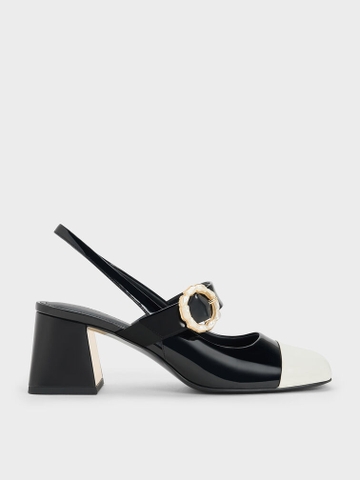 Patent Two-Tone Pearl Buckle Slingback Pumps