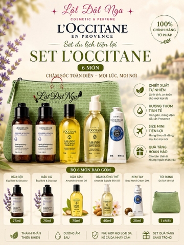 Set L'Occitane 6 Món: Gội + Xả + Tắm 75ml + Body Oil 40ml + Kem Tay 20% 30ml + Túi