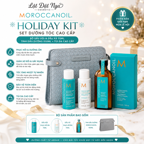 Set Dưỡng Tóc Morocanoil Holiday Kit (Bộ Dầu Gội & Dầu Xả 70ml + Tinh Dầu Dưỡng 100ml + Túi Da Cao Cấp)