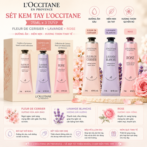 Sét Kem Tay Loccitane 75ml x 3 tuýp : Fleur De Cerisier/ Rose / Lavande