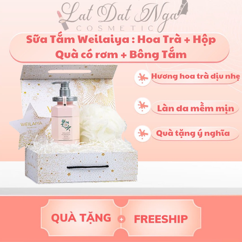 Sữa Tắm Weilaiya : Hoa Trà + Hộp Quà có rơm + Bông Tắm
