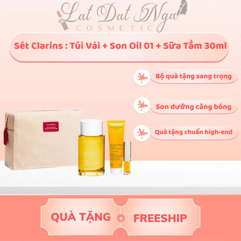 Sét Clarins : Túi Vải + Son Oil 01 + Sữa Tắm 30ml