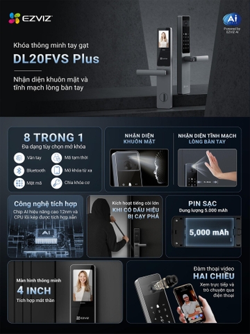 Khóa thông minh EZVIZ DL20FVS Plus- Nhận diện khuôn mặt và tĩnh mạch lòng bàn tay