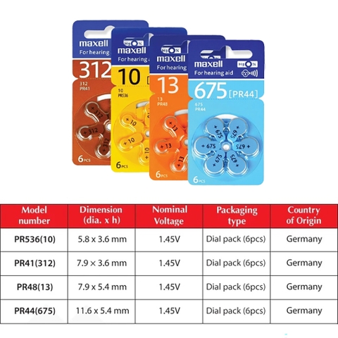 Pin Máy Trợ Thính MAXELL PR41 (312), PR44 (675), PR48 (13), PR536 (10)  Vỉ 6 Viên Hàng Chính Hãng