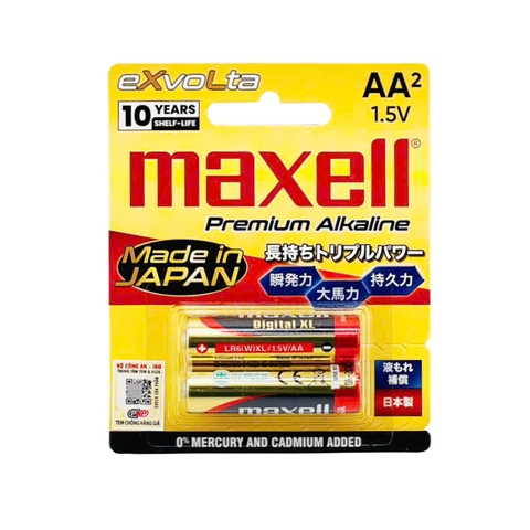 Pin AA Maxell Exvolta Premium Alkaline LR6 Cao Cấp Vỉ 2 Viên - Hàng Chính Hãng (Made In JAPAN)