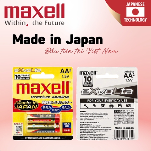 Pin AA Maxell Exvolta Premium Alkaline LR6 Cao Cấp Vỉ 2 Viên - Hàng Chính Hãng (Made In JAPAN)