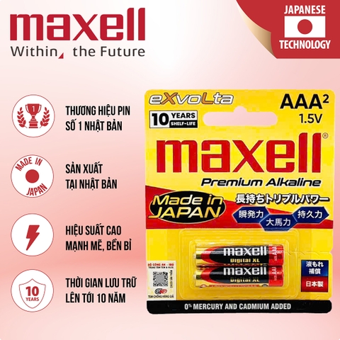 Pin AAA Maxell Exvolta Premium Alkaline LR03 Cao Cấp Vỉ 2 Viên - Hàng Chính Hãng (Made In JAPAN)