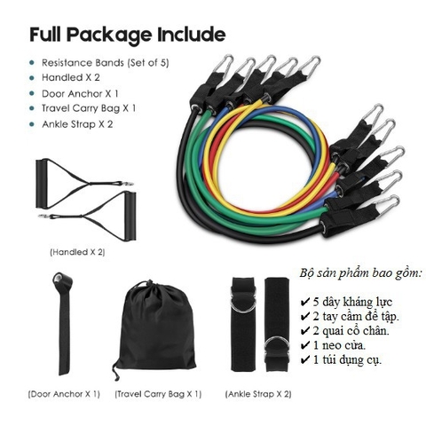Bộ 5 dây ngũ sắc đàn hồi kháng lực 11 món tập gym tại nhà tiện ích