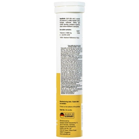 Viên sủi Kudos Vitamin C 1000mg hương chanh giúp bổ sung vitamin C cho cơ thể