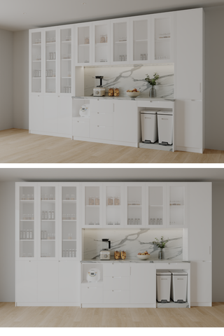 Tủ bếp kho phủ acrylic pano kính Kõri, trắng trang nhã 2501