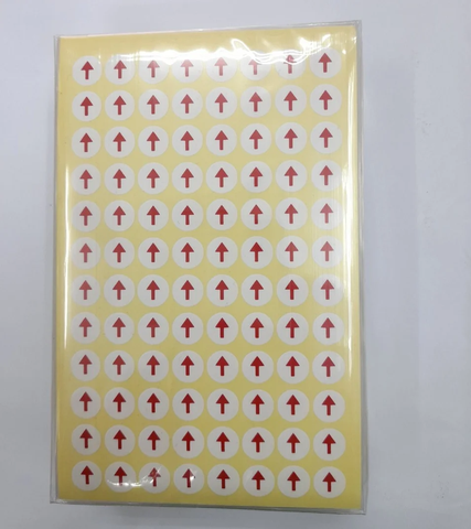 Decal nhãn mũi tên tròn, vuông, tem đôi