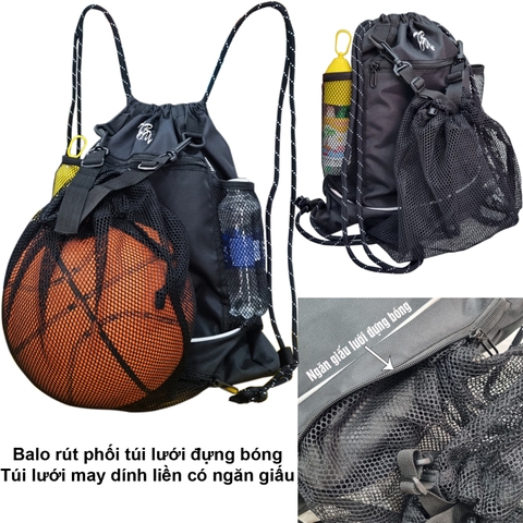 Balo dây rút thể thao có ngăn lưới đựng bóng rổ, bóng đá TROY Sport, vải bố PVC chống thấm