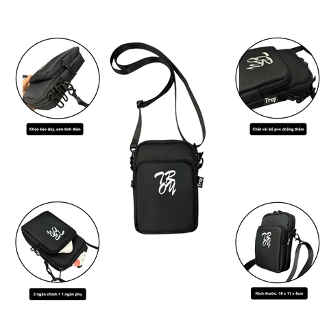 Túi đeo chéo TROY mini bag size 16 x 11cm đựng điện thoại, phụ kiện, chất liệu vải bố pvc chống thấm