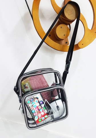 Túi đeo chéo TROY PVC chất liệu nhựa màu đen kháng nước, viền gân phản quang 2 ngăn size 20cm