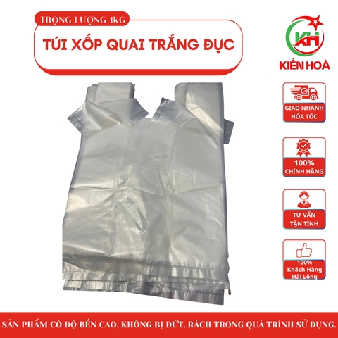 Túi xốp quai trắng đục (loại thường) sản xuất từ nhựa nguyên sinh, an toàn, không mùi (1kg)