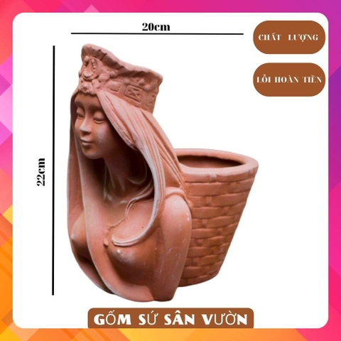 Chậu Gốm Đất Nung Hình Sơn Nữ Đeo Giỏ - Gốm Sứ Sân Vườn