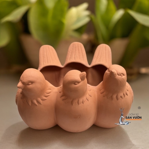 Chậu Gốm Đất Nung Hình 3 Chú Chim - Gốm Sứ Sân Vườn