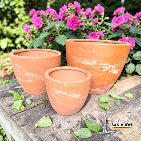 Chậu Gốm Đất Nung Miệng Giả Dáng Vót Lùn Loang Marble - Gốm Sứ Sân Vườn