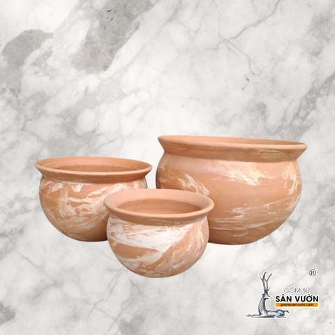 Chậu Gốm Đất Nung Dáng Thau Màu Loang Marble - Gốm Sứ Sân Vườn