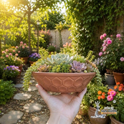 Chậu Đất Nung Dáng Dẹt Vân Tổ Ong Thích Hợp Trồng Bonsai - Gốm Sứ Sân Vườn