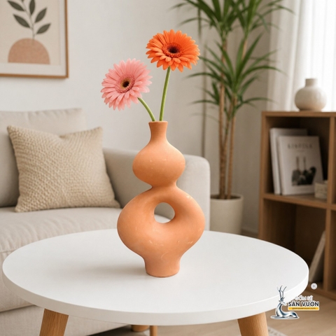 Bình Gốm Hồ Lô Xuyên Tâm - Cao 24 cm x Miệng  3,5 cm - Gốm Sứ Sân Vườn