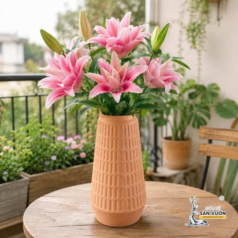 Bình Gốm Trụ Côn Vân Sọc Dọc - Cao 28cm x  Miệng 8cm - Gốm Sứ Sân Vườn
