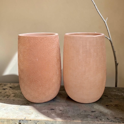 Chậu Gốm Đất Nung Hình Ống Vân Hoa Cúc/ Vân Lưới Cào - Cao 23cm x Đường Kính 13cm - Gốm Sứ Sân Vườn