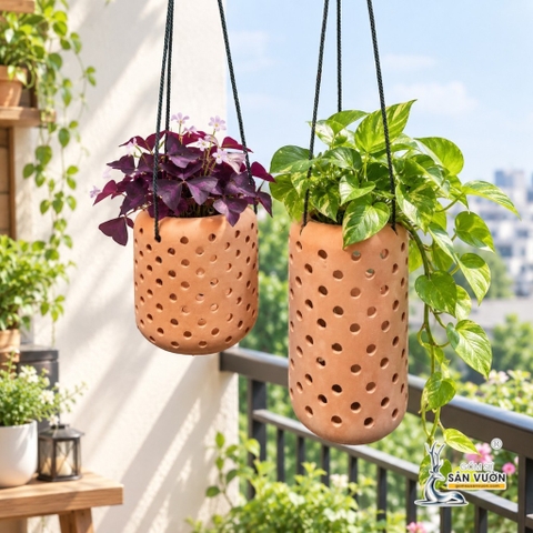Chậu Treo Dây Gốm Đất Nung Kiểu Lộng 15cm & 25cm - Gốm Sứ Sân Vườn