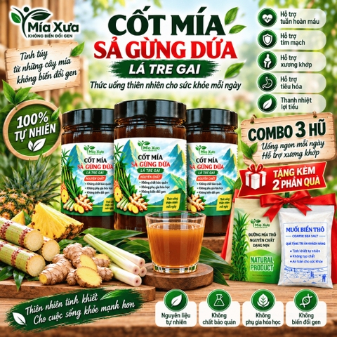 Combo 3 Hũ Cốt Mía Sả Gừng Dứa Lá Tre Gai Mía Xưa Hũ 1Kg