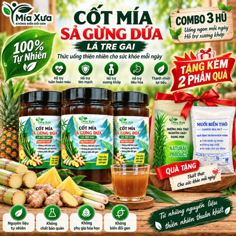 Combo 3 Hũ Cốt Mía Sả Gừng Dứa Lá Tre Gai Mía Xưa Hũ 1Kg