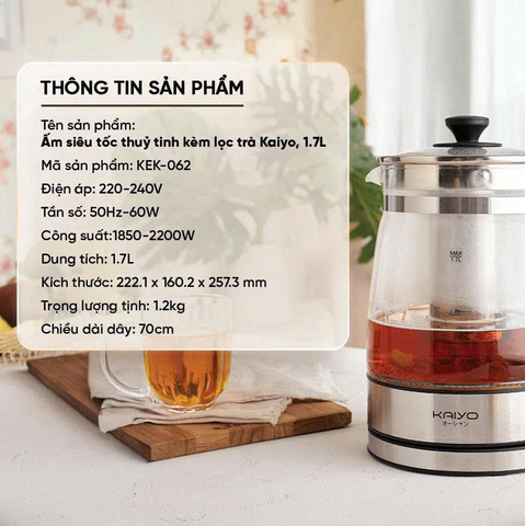 Ấm đun nước siêu tốc bình thủy tinh Kaiyo dung tích 1,7L có lõi lọc trà