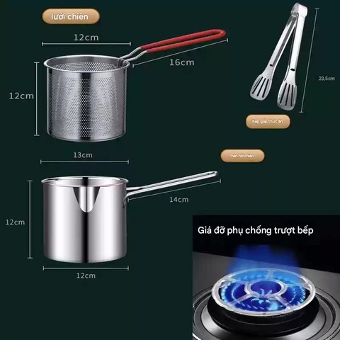 Nồi Chiên Ngập Dầu 1200ml 2 in 1 Mini Inox Đa Năng + Lưới Chiên + Thảm Chống Trượt + Kẹp PVN10051