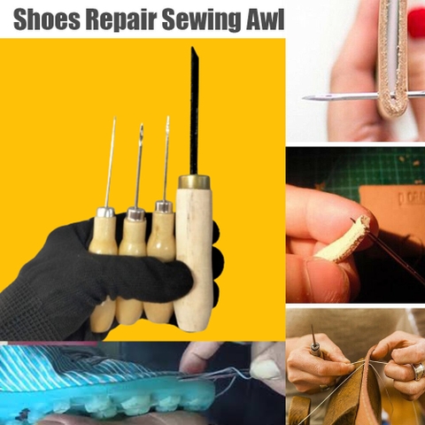 Bộ Dụng Cụ Khâu Giày Bằng Thép Không Gỉ Cán Gỗ, Làm Đồ Da Thủ Công DIY