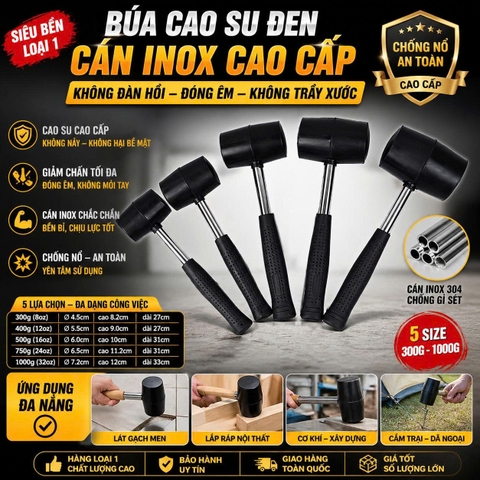 🔥 {Đủ Size} BÚA CAO SU ĐEN CÁN INOX CAO CẤP – KHÔNG ĐÀN HỒI, ĐÓNG ÊM, KHÔNG TRẦY XƯỚC 🔥