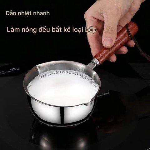 🥛 Nồi Sữa Mini 300ml Inox 304 – Tay Cầm Gỗ, Chiên Nấu Đa Năng PVN10052