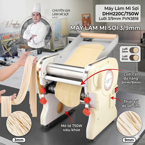 {Đủ Mẫu} Máy Làm Mì Sợi DHH220C/750W + Trộn bột Cán Hoành Thánh, Bánh Canh, Bánh Bao Ramen Chinese Noodles Fried
