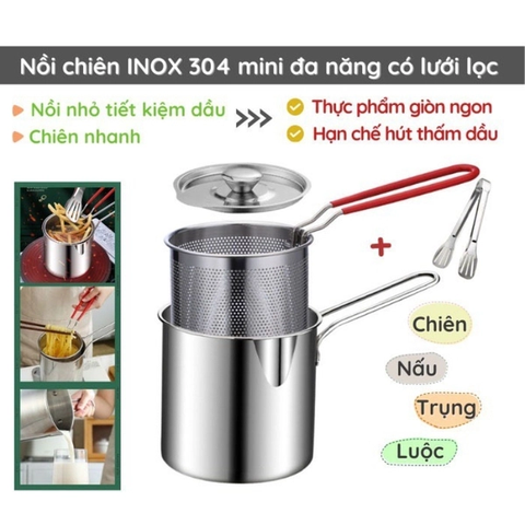 Nồi Chiên Ngập Dầu 1200ml 2 in 1 Mini Inox Đa Năng + Lưới Chiên + Thảm Chống Trượt + Kẹp PVN10051